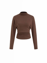 Cotton-blend High Neck Long Sleeve Ruched Cinched Waist Top