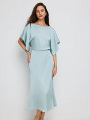 Satin Boat Neck Batwing Sleeve Lace Trim Maxi Dress