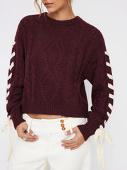Cable Knit Round Neckline Lace Up Knotted Oversized Sweater