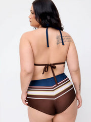 Conjunto de bikini triangular rayado de cuello halter de alto estiramiento Curvy
