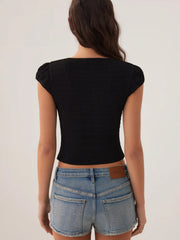 High Stretch Textured Scoop Neckline Short Puff Sleeve Top