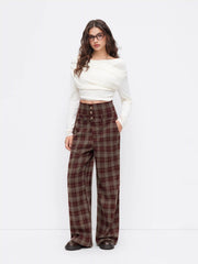 Wool-look Mid Rise Plaid Fold Over Button Straight Leg Trousers