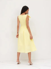 Linen-blend Boat Neck Bowknot Ruffle Midi Dress