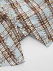 Plaid Collar V-neck Long Sleeve Ruched Lace Up Tie Back Blouse