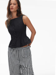 Cotton Boat Neck Peplum Top & Gingham Mid Rise Barrel-leg Trousers Set