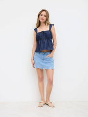 Denim Square Neck Bowknot Shirred Crop Tank Top