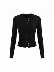 Knit Round Neckline Long Sleeve Button Cardigan
