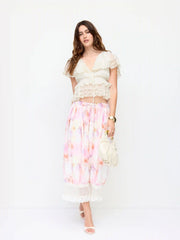Chiffon V-neck Ruffled Lace Trim Tie Front Blouse