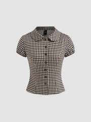 Peter Pan Collar Gingham Button Puff Sleeve Top