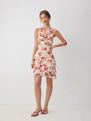 Chiffon Floral Halter Neck Tiered Mini Dress