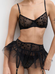 Mesh Heart Ruffle Hem Underwire Lingerie With Brief Set