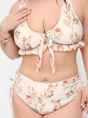 Floral V-neck Ruffle Hem Tie Front Bracelet Top & Mid Rise Bikini Bottom Set Curve & Plus