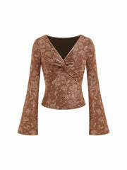 Paisley V-Neck Twist Knot Bell Sleeve Crop Top