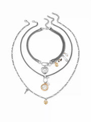 CLOCK & HEART PENDANT LAYERED NECKLACE