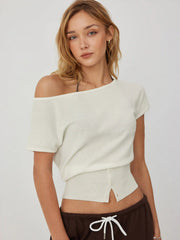 Knit Wool-blend Off-shoulder Short Sleeve Oversized Top
