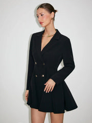 Collar Metal Button Detail Pleated Blazer Mini Dress