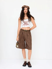 Tartan Mid Rise Pleated Bermuda Shorts With Belt