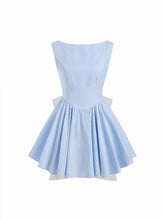 Cotten-Blend Boat Neck Gingham Bowknot Flared Mini Dress