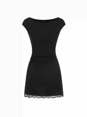 Cotton-blend Boat Neck Ruched Lace Panel A-line Mini Dress