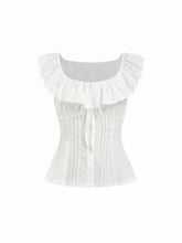 Cotton-blend Square Neck See-Through Broderie Anglaise Button Blouse