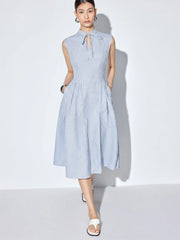 Cotton-blend Gingham Stand Collar Tie Neck Shirt Midi Dress