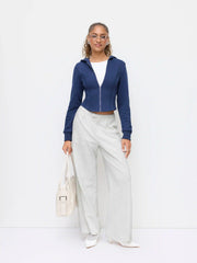 Cotton-blend Mid Rise Elastic Waist Straight Leg Trousers