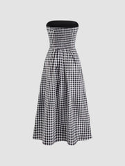 Tube Gingham Ruffle Shirred Zipper Midi Dress