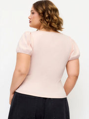 Cotton-blend Cat Print Boat Neck Puff Sleeve Top Curve & Plus