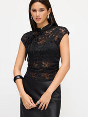 Lace Mandarin Collar Knotted Ruched See-through Cropped Top & Mid Rise Maxi Skirt Set