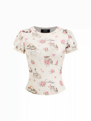 Cat & Floral Graphic Jacquard Puff Sleeve Tee