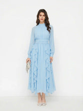 Chiffon Stand Collar Ruffled Lantern Sleeve Flared Maxi Dress