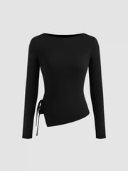 Boat Neck Solid Knotted Long Sleeve Tee