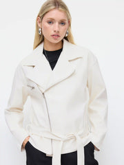 Faux Leather Collar Zip Through Oversized Biker Jacket With Belt