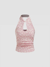 Jacquard Mandarin Collar Floral Cut Out Ruched Tank Top