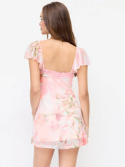 Mesh Floral V-neck Ruffle Sleeve Lace Trim A-line Mini Dress