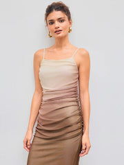 Mesh Square Neck Gradient Ruched Maxi Dress