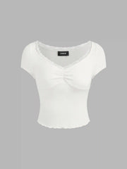 V-neck Lace Lettuce Trim Short Sleeve Tee