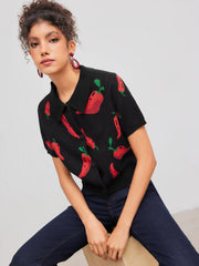 Knit Collar Pepper Button Short Sleeve Top