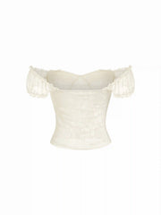 Textured Lace Sweetheart Puff Sleeve Ruched Top