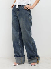 Middle Waist Solid Button Wide Leg Jeans
