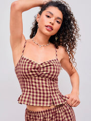 Woven V-neck Gingham Shirred Cami Top