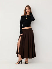 Mid Rise Solid Flared Maxi Skirt