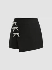 Mid Rise Wrap Solid Bowknot Mini Skirt