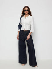 Cotton Textured Shirred Waist Short Sleeve Blouse