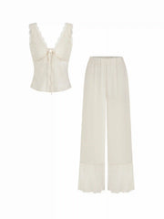 Lace Trim V-neck Top & High Rise Wide Leg Trousers Loungewear Set