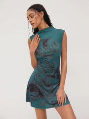 Stand Collar Figure Graphic Ruched Mini Dress