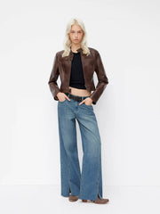 Denim Low Rise Split Straight Leg Jeans