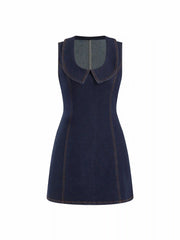 Stretch Washed Denim Collar Shirt Mini Dress