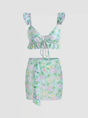 Floral Ruffle Trim Tie Side Cover Up Skirt
