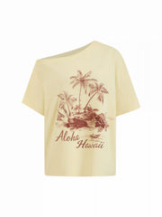 Cotton Asymmetrical Neck Short Sleeve Nature Graphic Tee